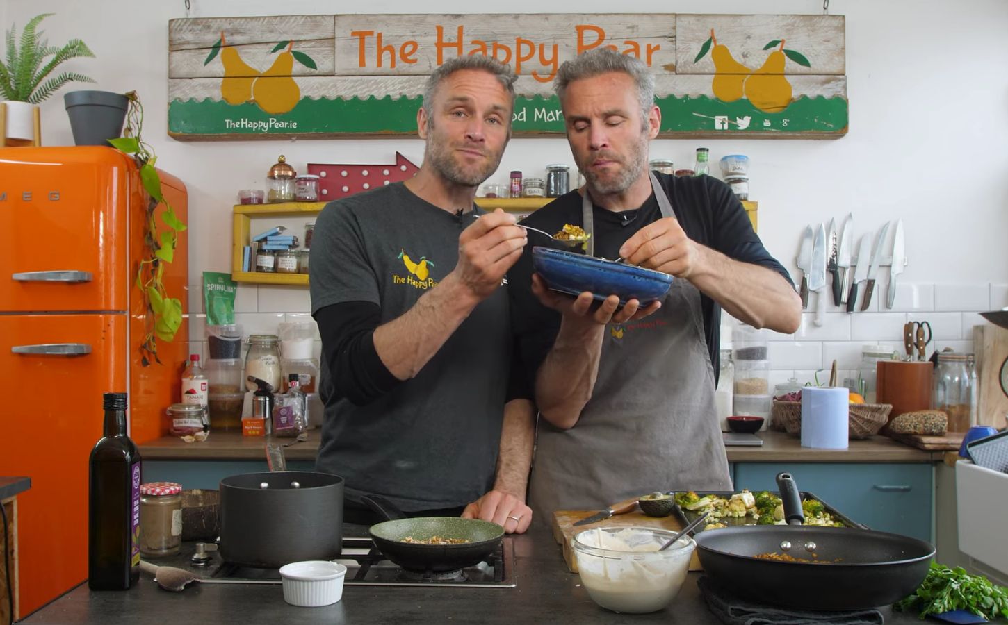 Plant-Based YouTubers David and Stephen Flynn from The Happy pear making a vegan nourish bowl