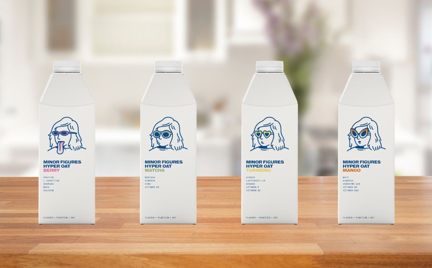 A selection of Minor Figures oat drinks on a kitchen counter