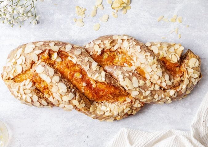 a vegan Easter plait made with almonds and marzipan